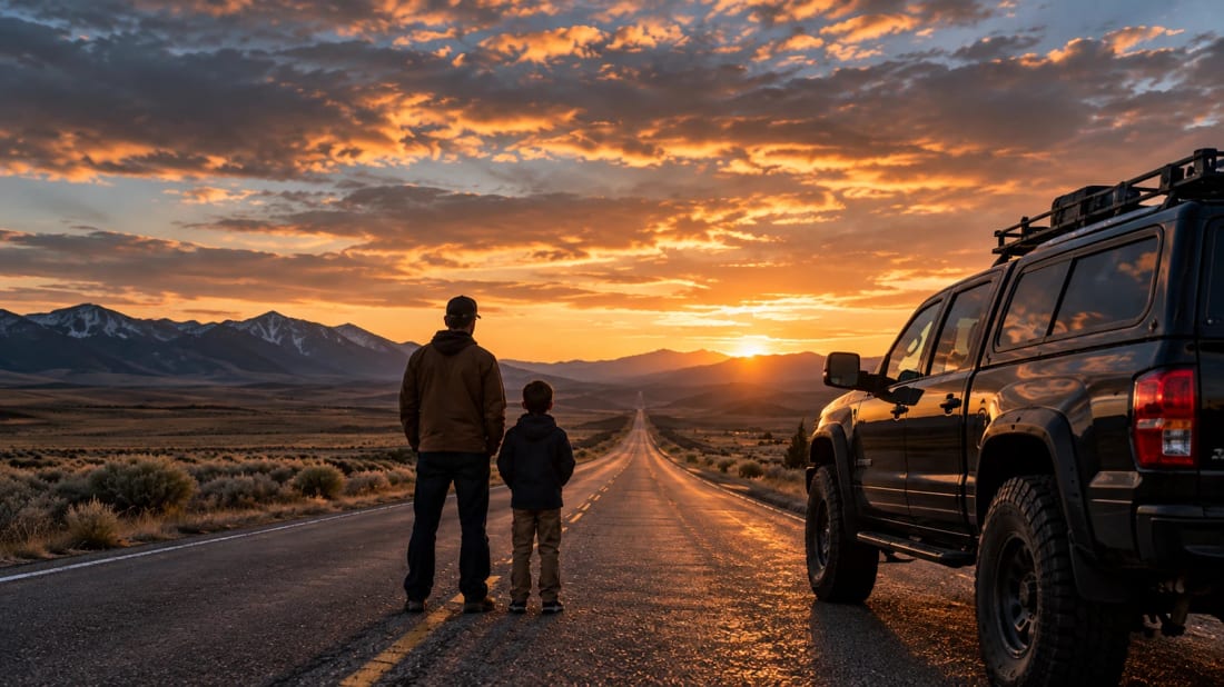 A father and his young son standing on an empty highway at sunset, snowy mountains ahead, beside their black overland truck