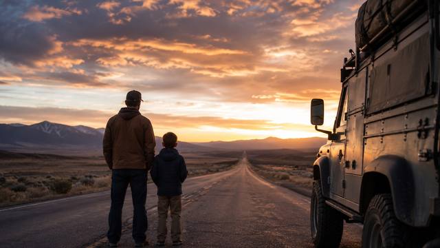 A father and son standing beside an overland truck on an empty highway at sunset