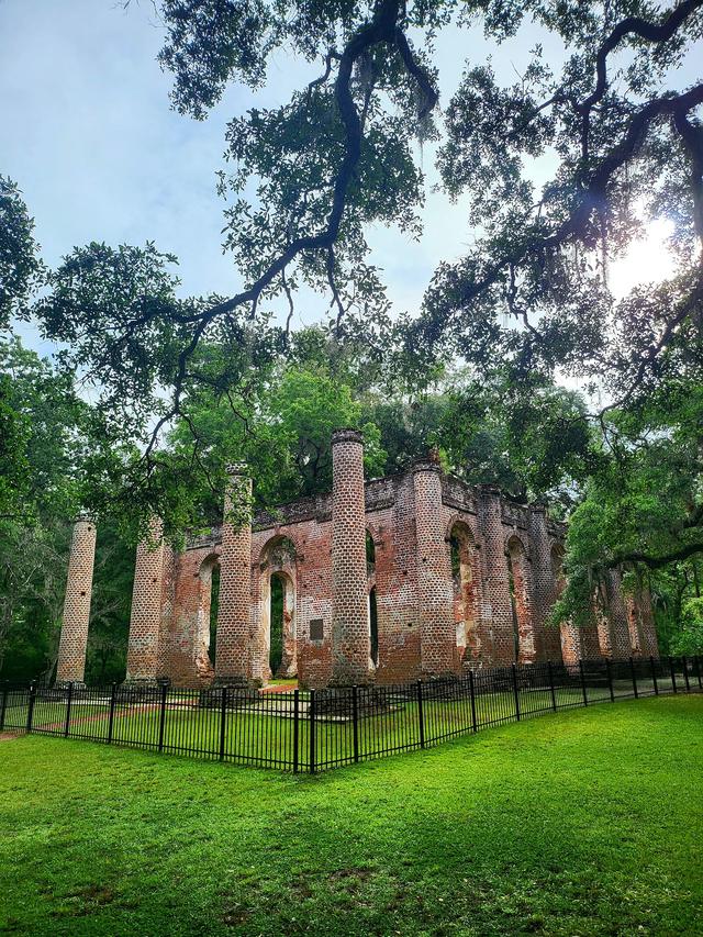 The ruins of Old Sheldon Church surrounded by live oaks and Spanish moss