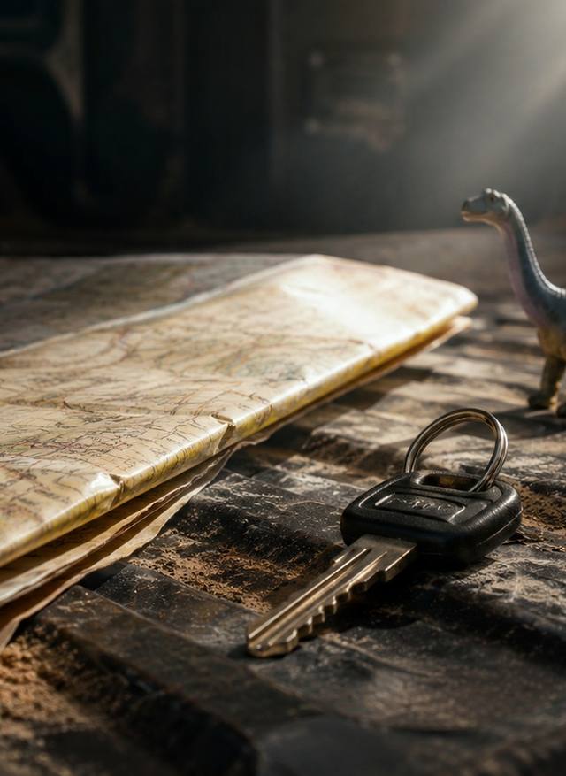 A folded paper map, a set of keys, and a child's toy dinosaur on a truck tailgate